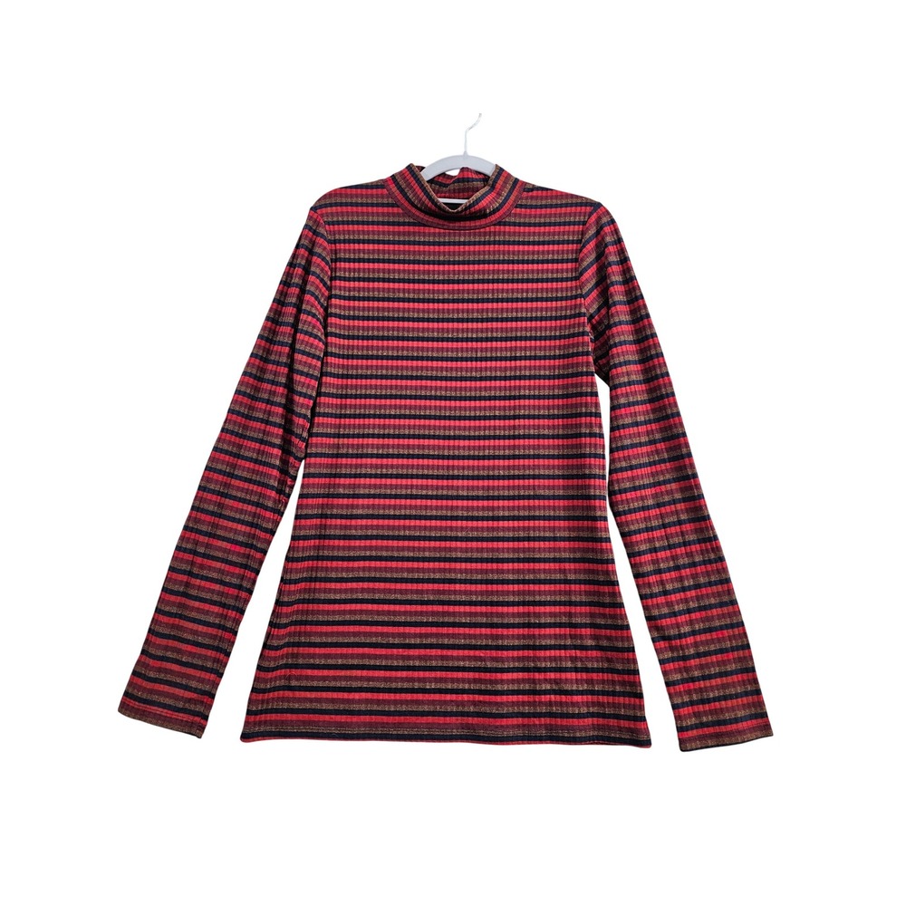 Long Tall Sally Mock Neck Top Medium Tall Red Navy Striped Metallic Ribbed Knit